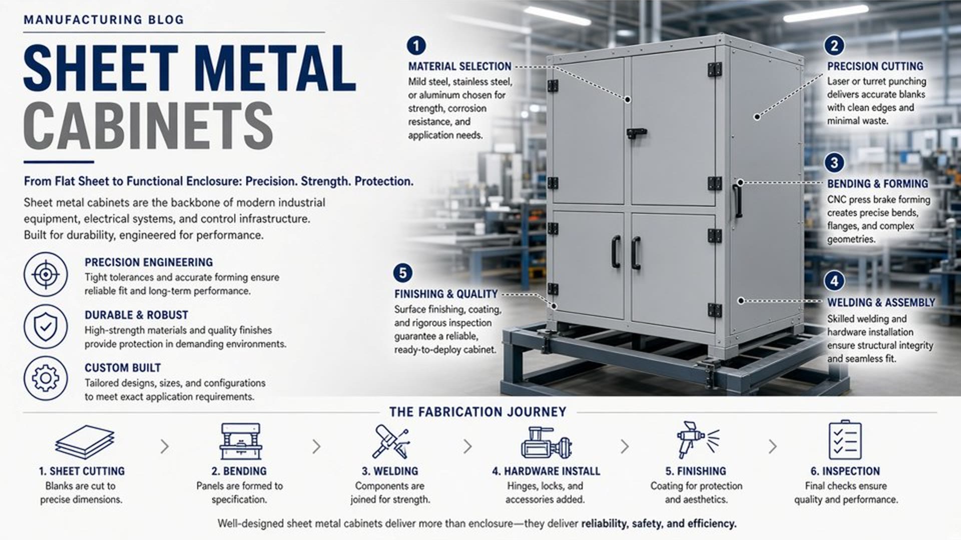 Precision sheet metal cabinet enclosure with formed panels and hardware