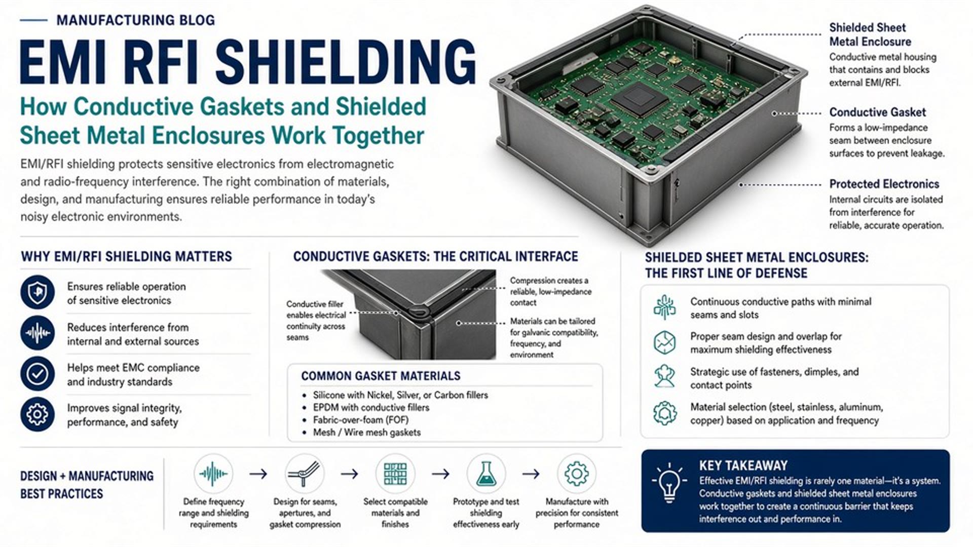 EMI/RFI shielded sheet metal electronics enclosure assembly