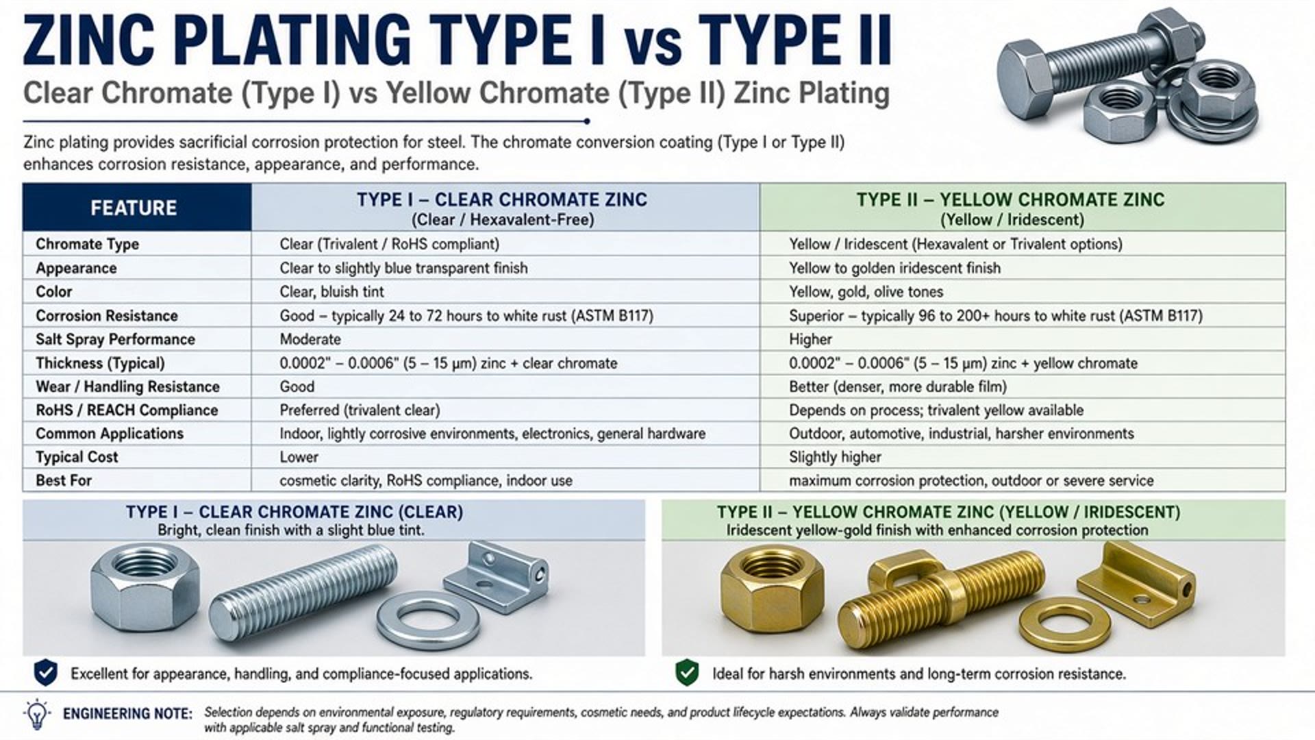 Zinc plating finish comparison on fabricated steel hardware