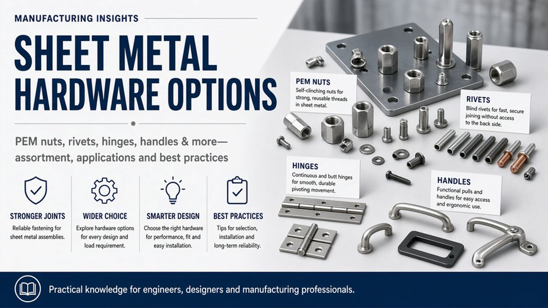 Assorted self-clinching nuts, studs, and standoffs for sheet metal