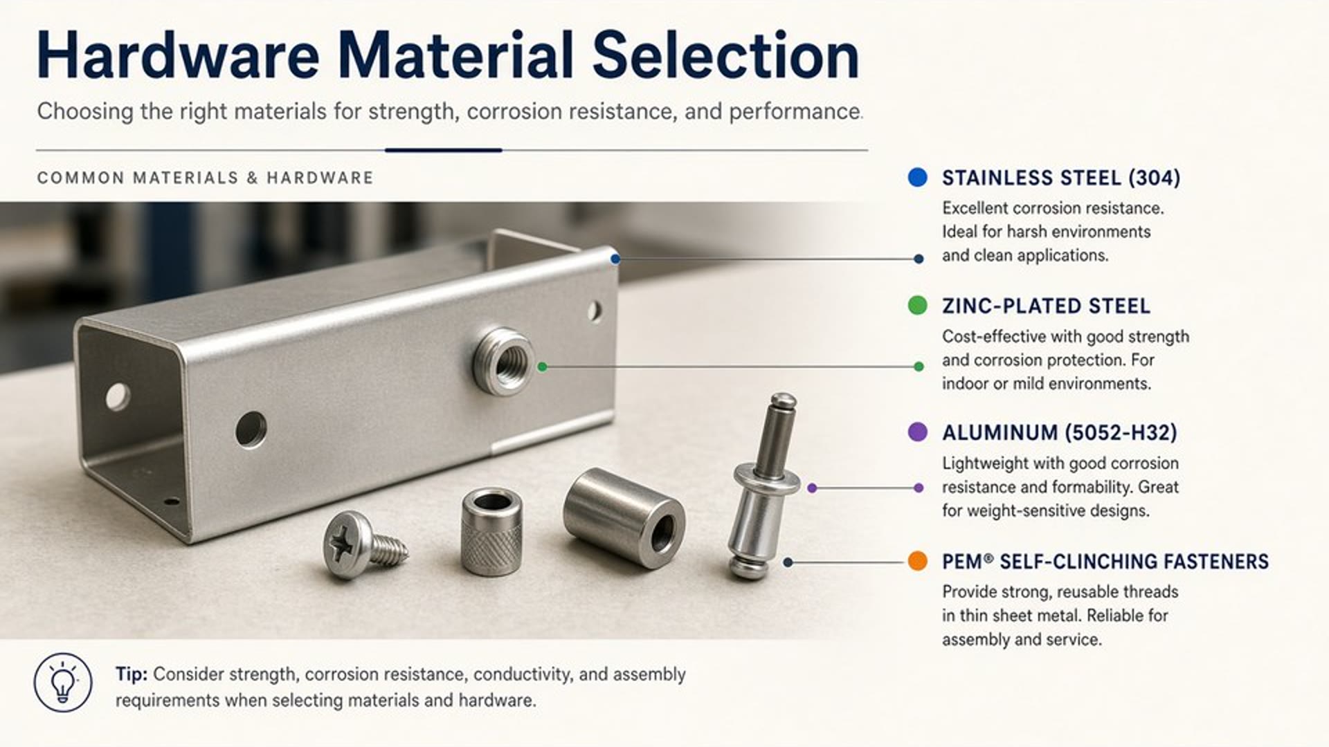 Hardware material selection for stainless and steel sheet metal panels