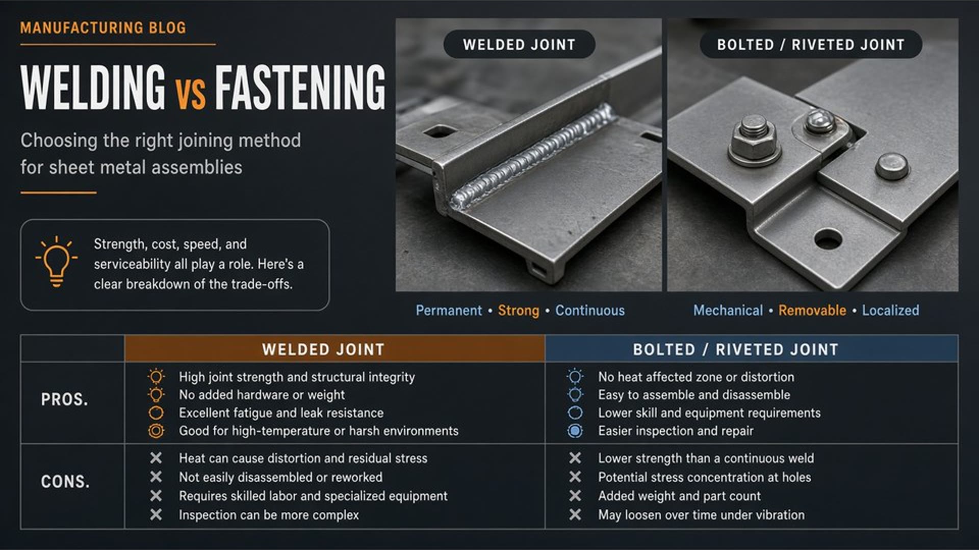 Sheet metal assembly comparing welding versus mechanical fastening options